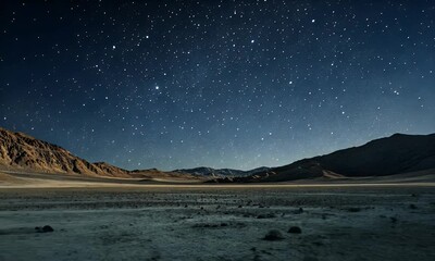 Wall Mural - A serene night sky filled with stars above a barren landscape and distant mountains.
