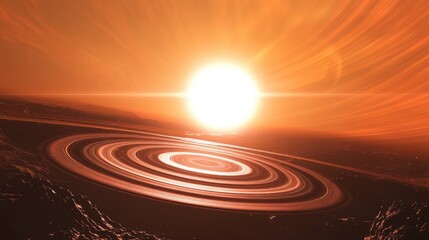 Poster - A breathtaking view of a beautiful planet surrounded by shimmering rings, with the sun shining brightly in the background, casting vibrant rays