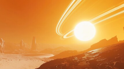 Poster - A breathtaking view of a beautiful planet surrounded by shimmering rings, with the sun shining brightly in the background, casting vibrant rays