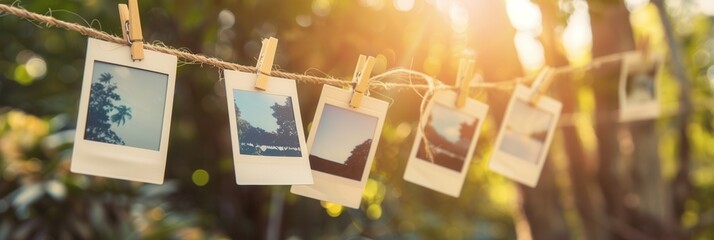 Poster - Polaroid pictures displayed on string with clothespins in a sunlit outdoor setting creating an inviting atmosphere. Generative AI