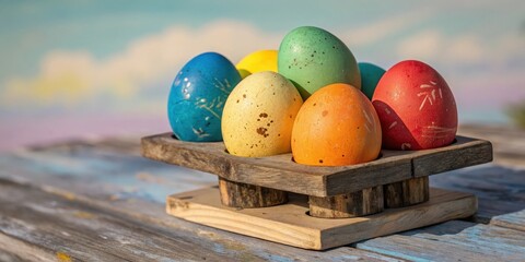 Poster - A rustic wooden egg holder showcasing colorful Easter eggs, each decorated with unique patterns, rests on a weathered wooden table with a soft pastel background.