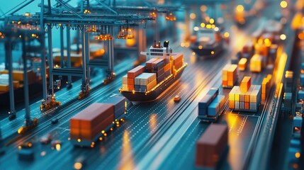 Aufkleber - A busy port with cargo ships and trucks transporting industrial freight, illustrating the growing transportation and logistics network for global trade and import-export business