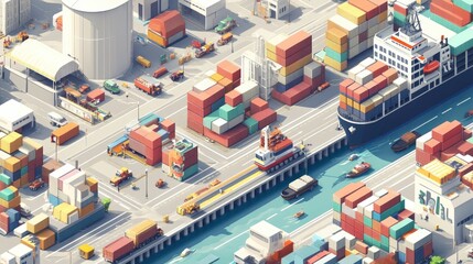 Aufkleber - A busy port with cargo ships and trucks transporting industrial freight, illustrating the growing transportation and logistics network for global trade and import-export business