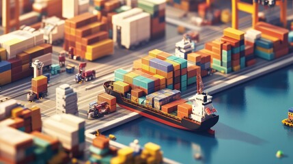 Aufkleber - A busy port with cargo ships and trucks transporting industrial freight, illustrating the growing transportation and logistics network for global trade and import-export business