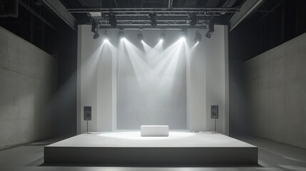 Poster - A clean and minimalist event space featuring a white stage, speaker mounted on a truss system, and spotlight shining on the center stage, creating a professional environment