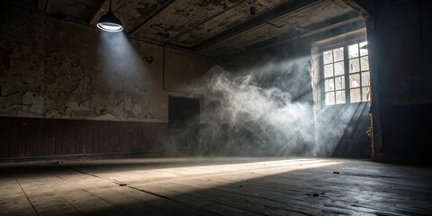 Aufkleber - A dusty, abandoned room with a single window, sunlight filtering through the haze, illuminating the worn wooden floor