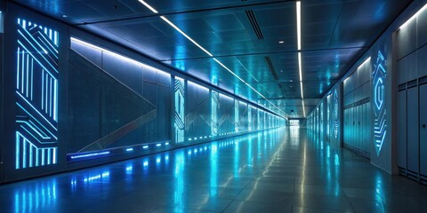 Fototapete - A Modern Futuristic Corridor With Geometric Neon Lights On The Walls And A Shiny Reflective Floor