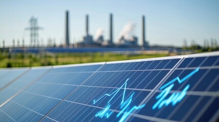 Poster - A close-up of a digital grid with blue lines and green icons, showing data for renewable energy systems, with an electric power station and solar farm in the background