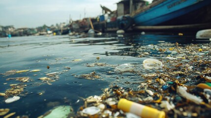 Poster - A close-up of contaminated water with visible pollutants like oil and chemicals, showing the harmful effects of water pollution on marine life and the environment