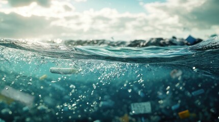 Poster - A close-up of contaminated water with visible pollutants like oil and chemicals, showing the harmful effects of water pollution on marine life and the environment