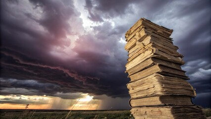 Poster - A weathered stack of vintage books stands tall against a dramatic storm sky, promising knowledge and solace amidst the tempest