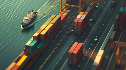 Aufkleber - A container cargo ship and trucks transporting goods at a busy port, showcasing the expansion of the logistics and distribution network for global shipping and trade
