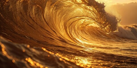 Aufkleber - A Golden Wave Breaks In The Light Of Dawn, Showing The Intricate Pattern Of Its Motion