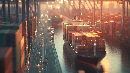Aufkleber - A container cargo ship and trucks transporting goods at a busy port, showcasing the expansion of the logistics and distribution network for global shipping and trade