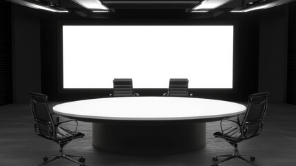 Aufkleber - A contemporary news studio with a white table and black chairs, positioned in front of a blank white LED screen, perfect for a news segment or discussion