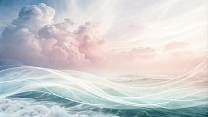 Poster - A whimsical seascape with delicate white waves flowing through a dreamy sky filled with fluffy pink clouds and shimmering dust particles.