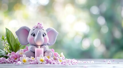 Canvas Print - Cute elephant figurine with pink candle and flowers.