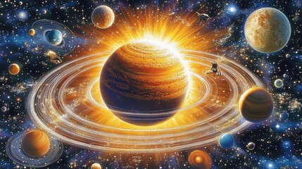 Poster - A cosmic scene showing a planet surrounded by rings, with the sun's warm rays highlighting its surface and other distant planets floating in space
