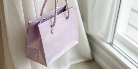 Poster - A lavender-colored tote bag with a braided handle hangs against a backdrop of sheer white fabric and a window