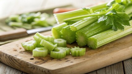 Poster - Freshly chopped celery stalks on a wooden cutting board, a healthy and refreshing snack or ingredient for cooking