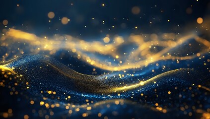 Poster - Glowing Particles Wave Abstract Background: Dynamic Blue and Gold Shimmering, Elegant Design for Visuals