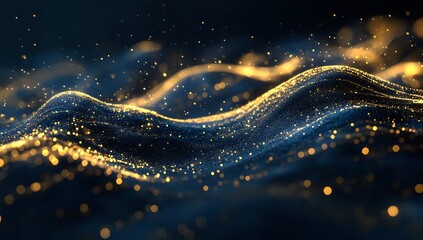 Poster - Golden Particles Flowing Dynamically Across Dark Background, Creating a Stunning Visual Masterpiece with Abstract Design Elements.