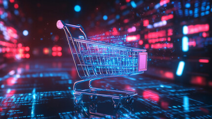 Leinwandbilder - Digital shopping cart illuminated by neon lights and data streams.  