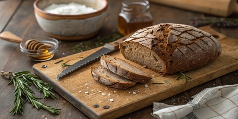 Poster - Freshly baked bread sliced on a wooden cutting board, sprinkled with salt and accompanied by rosemary sprigs, honey, and a knife.