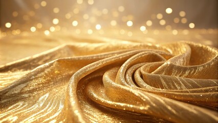 Aufkleber - A shimmering gold fabric draped in soft folds, illuminated by a warm glow of out-of-focus lights, creating a luxurious and elegant background