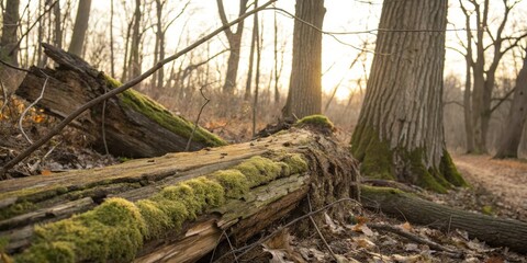 Poster - Sunlight filtering through the branches of a woodland forest illuminates a fallen log covered in moss, casting a warm glow on the surrounding ground.