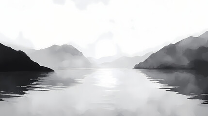 Wall Mural - Foggy morning on fjord flat design front view serene waters theme water color black and white. Fjordic. Illustration