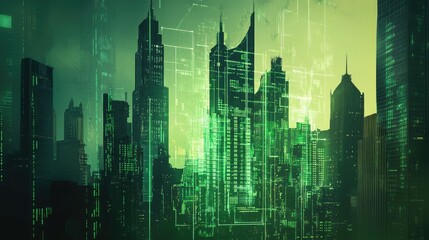 Poster - A digital green trading chart overlaid on a city skyline, symbolizing the modern financial market, with fluctuating stock data and economic insights