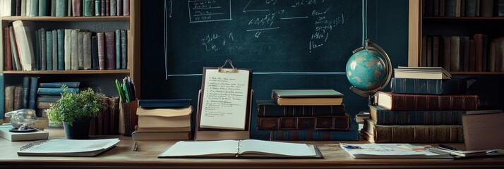Poster - Books and stationery arranged neatly on a desk in a study with ample copy space for writing. Generative AI