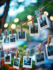 Poster - Polaroid pictures displayed on string with clothespins against a blurred outdoor background. Generative AI