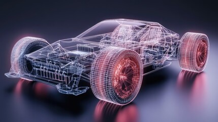 Poster - A digital wireframe display of an electric car, with detailed holograms of its battery and motor structure, showcasing advanced automotive technology