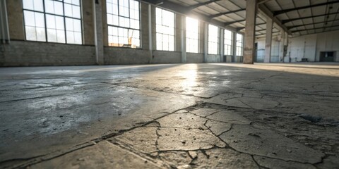 Aufkleber - A wide, sunlit expanse of cracked concrete floor in an industrial warehouse, evoking a sense of forgotten potential and the passage of time
