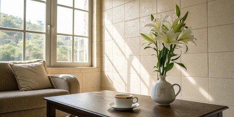 Poster - A bright living room with a couch, coffee table, and a vase of white lilies in the sunlight.