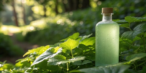 Poster - A green glass bottle with a wooden cap nestled in the lush greenery of a forest, illuminated by sunlight, creating a serene and natural setting.