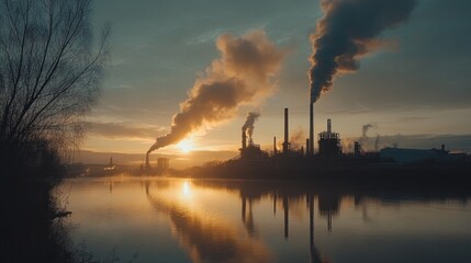 Poster - A factory at sunset releasing pollution into the sky, showing the contrast between the beauty of nature and the harm caused by industrial smoke emissions