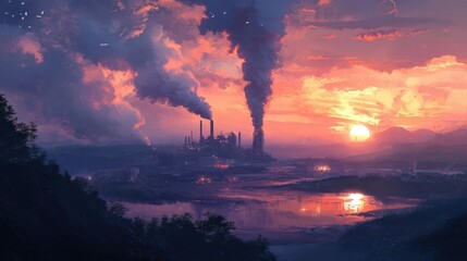 Poster - A factory at sunset releasing pollution into the sky, showing the contrast between the beauty of nature and the harm caused by industrial smoke emissions