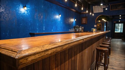 Poster - A wooden bar countertop with a blue wall and a row of stools in the background.
