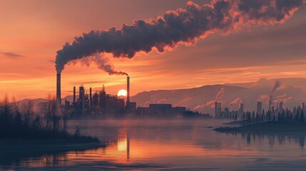 Poster - A factory at sunset releasing pollution into the sky, showing the contrast between the beauty of nature and the harm caused by industrial smoke emissions