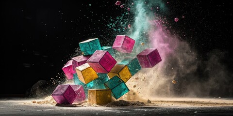 Aufkleber - A burst of color and motion as colorful cubes collide and explode in a cloud of powder, creating a vibrant and dynamic visual spectacle.