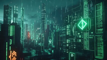 Poster - A futuristic stock market graph in green, with trading data and digital currency symbols on a backdrop of city buildings, illustrating modern financial trends