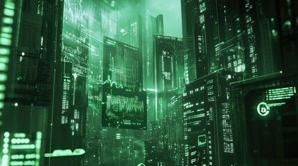 Poster - A futuristic stock market graph in green, with trading data and digital currency symbols on a backdrop of city buildings, illustrating modern financial trends