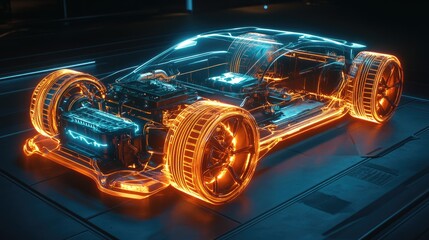 Poster - A glowing, 3D hologram of an electric car interior components, including battery and electric motor, displayed on a dark background with futuristic vibes