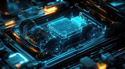 Poster - A glowing, 3D hologram of an electric car interior components, including battery and electric motor, displayed on a dark background with futuristic vibes