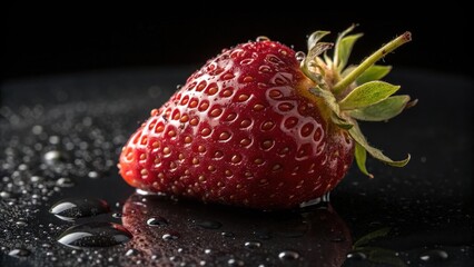 Aufkleber - A single, ripe strawberry rests on a dark, wet surface, its glistening skin reflecting the light, surrounded by droplets of water that create a shimmering effect.