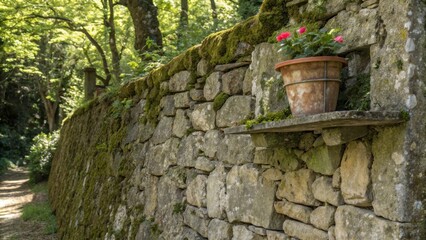 Poster - A Stone Wall Covered in Moss and Vines with a Pot of Flowers on a Shelf
