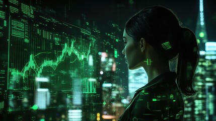 Aufkleber - A high-tech green trading chart overlaid with a cityscape, showing stock market data, trading fluctuations, and digital graphs for a modern financial theme
